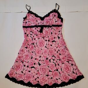 Floral Pink Chemise with Black Lace Trim